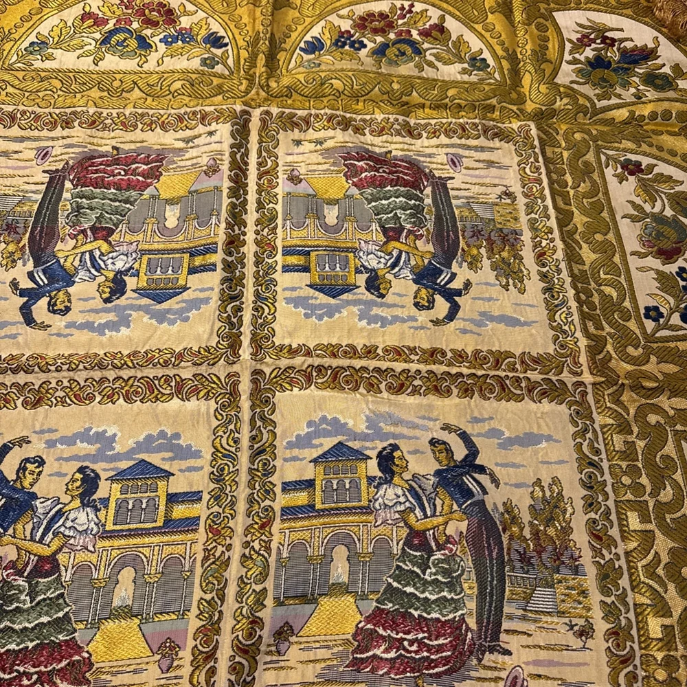 Spanish Tapestry Scarf Sevilla Spain Embroidered Manton Altar Table 48x48 Vtg